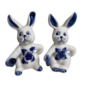 Delft Style Blue & White Bunny Salt and Pepper Shakers Ceramic Figurines 3.75”